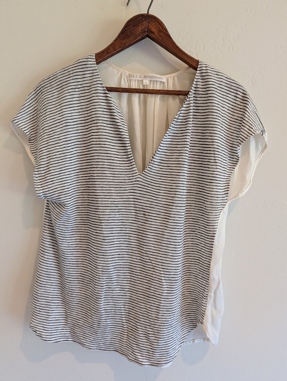 Ulla Johnson Silk Linen V Neck Striped Tee Black Ivory Small